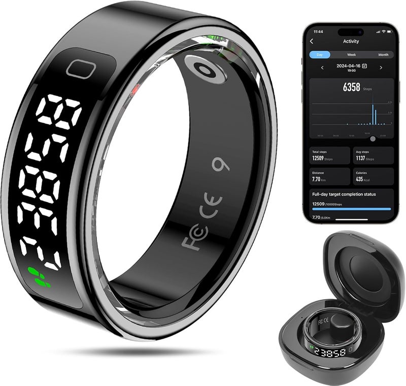 MagLoop Smart Ring Health Tracker for Men/Women,Fitness Ring Sleep Tracker with LED Display Sreeen,Fast Charging,Health and Sleep Monitoring,Motion Tracking,Female Cycle,Waterproof(Black,8) - Image 1